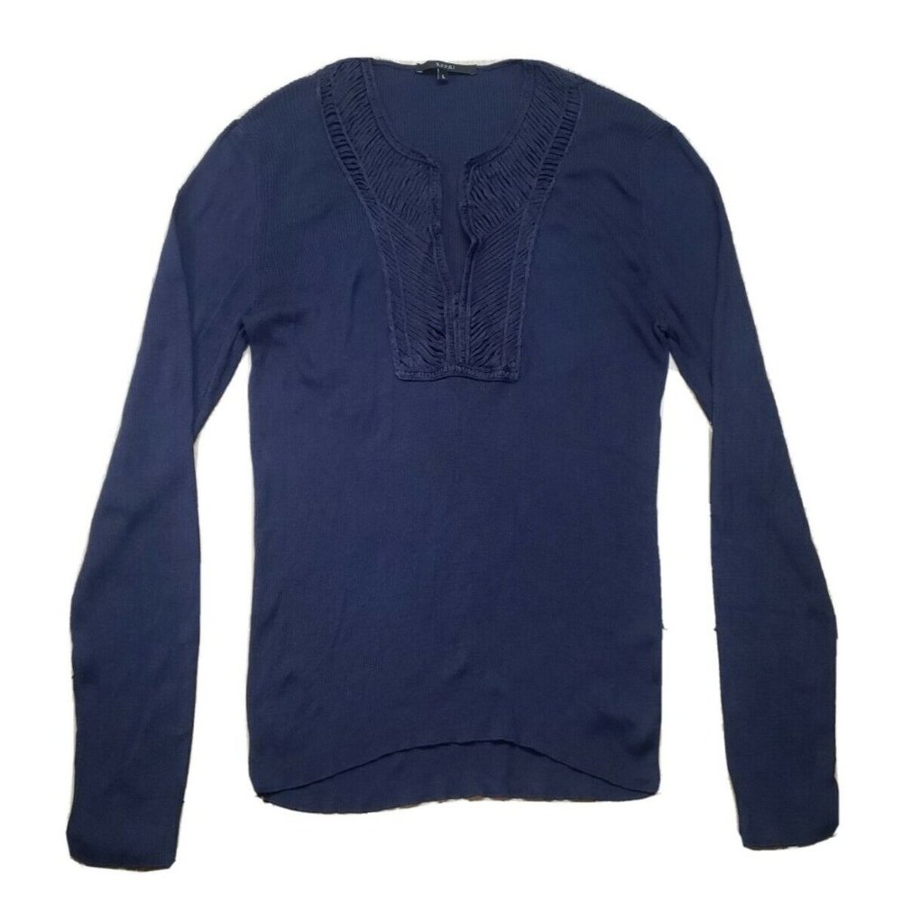 Gucci Women's Long Sleeve V-Neck Sweater Large Blue Ribbed Pullover